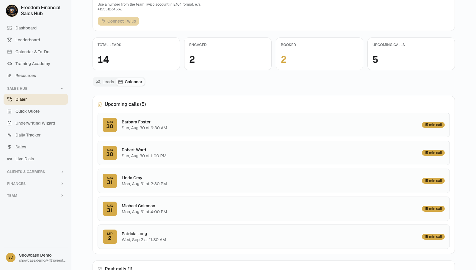 Lead CRM showing total leads, engaged and booked counts, and a list of upcoming scheduled calls with dates and times